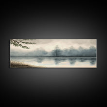 Load image into Gallery viewer, Panoramic Framed Canvas Print of Misty Fog Covered Lake and Pine Tree Forest, Perfect for Living Room, Bedroom, Fog Covered Lake
