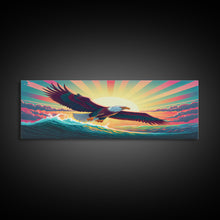 Carregar imagem no visualizador da galeria, American Bald Eagle, Panoramic Wall Art, Framed Canvas, Retro Style Eagle Painting, Synthwave Ocean Sunset Art
