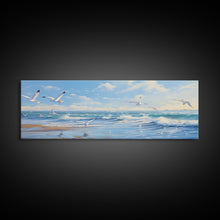 Load image into Gallery viewer, Blue Beach, Ocean Waves &amp; Seagulls Panoramic Framed Canvas Print - Perfect for Living Room, Bedroom, Office Decor
