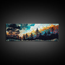 Cargar imagen en el visor de la galería, Extra large 24 x 72 wall art, framed canvas print, abstract pine tree forest painting, painting of a forest fire against a starry night sky
