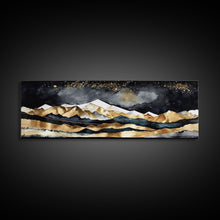 Carregar imagem no visualizador da galeria, Black &amp; Gold Mountain Landscape Painting, Framed Canvas Print, Panoramic Art, Extra Wide Art, Center Piece Decor, Above Fireplace or Sofa
