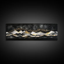 Cargar imagen en el visor de la galería, Black &amp; Gold Mountain Landscape Painting, Framed Canvas Print, Panoramic Art, Extra Wide Art, Center Piece Decor, Above Fireplace or Sofa
