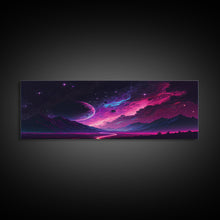 Load image into Gallery viewer, Beautiful Science Fiction Wall Art, Synthwave Style Scifi Art, Framed Canvas Print, Panoramic Alien Worlds and Star Filled Night Sky
