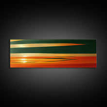 Carregar imagem no visualizador da galeria, Art Deco Wall Art, Framed Canvas Print, Emerald Green and Gold Palm Tree Leaves and Sunset, Panoramic Ultrawide Art, Large Format Wall Decor
