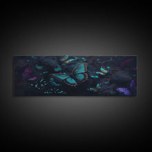 Load image into Gallery viewer, Blue Butterflies, Framed Canvas Print, Bioluminescent Glowing Butterfly Art, Framed Wall Art
