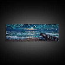 Load image into Gallery viewer, Panoramic Van Gogh Inspired Beach, Framed Canvas Print, Cool Painting, Full Moon Over Rolling Waves, Soothing Abstract Beach Decor
