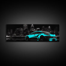Cargar imagen en el visor de la galería, City Skyline Wall Art, Teal Sports Car,  Abstract Urban Art, Cityscape Art, Dark Night Large Urban Art, Panoramic, Wall Art, Canvas Print
