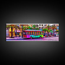 Load image into Gallery viewer, Colorful Vibrant Tram Wall Art, Palm Trees Art Print, Colored Pencil Sketch, Framed Canvas, Abstract Art, Panoramic, Wall Art, Canvas Print
