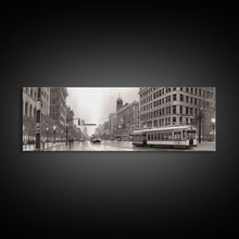 Load image into Gallery viewer, Detailed Street Sketch Canvas Print, City Wall Art, Bus, Cars, Buildings, Monochromatic Urban Art Print, Panoramic, Wall Art, Canvas Print
