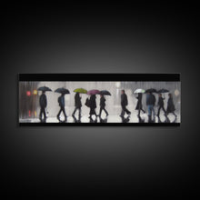 Load image into Gallery viewer, Crowd Walking With Umbrellas Canvas Print, Raining City Art, Urban Art, Large Urban Art Print, Wall Decor, Panoramic, Wall Art, Canvas Print
