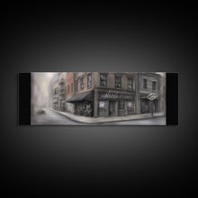 Load image into Gallery viewer, Dystopian City Canvas Print, Buildings, Man On Street, Urban Art, Large Urban Art Print, Wall Decor, Panoramic, Wall Art, Canvas Print
