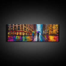 Cargar imagen en el visor de la galería, Colorful Umbrellas City Canvas Print, Large Urban Art Print, Two People Walking On Street, Vibrant Art, Panoramic, Wall Art, Canvas Print
