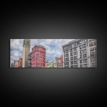 Cargar imagen en el visor de la galería, Colored Pencil City Canvas Print, Large Urban Art Print, Cityscape Art, Buildings, Red, Vibrant Art, Panoramic, Wall Art, Canvas Print
