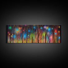 Load image into Gallery viewer, Abstract Forest Art, Woods Wall Art, Forest Art Print, Sparklers, Stars, Colorful Canvas Print, Panoramic, Wall Art, Canvas Print
