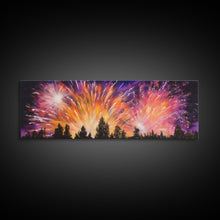 Carregar imagem no visualizador da galeria, Fireworks Over Forest Canvas Art Print, Woods, Pines Trees, Wall Decor, Framed Large Canvas Print, Panoramic, Wall Art, Canvas Print
