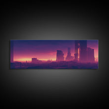 Load image into Gallery viewer, Cyberpunk Cityscape, Ready To Hang Canvas Print, Panoramic, Cyberpunk Concept Art, Cityscape at Sunset, Cool mancave art, Purplewave
