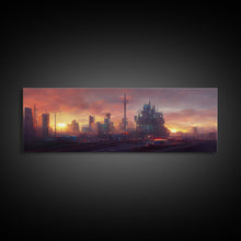 Load image into Gallery viewer, Cyberpunk City, Night City Watercolor, Ready To Hang Canvas Print, Panoramic, Videogame Concept Art, Watercolor Painting Of a Cyberpunk City
