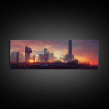Load image into Gallery viewer, Cyberpunk Cityscape, Metropolis Art, Ready To Hang Canvas Print, Panoramic, Night City Watercolor Concept Art
