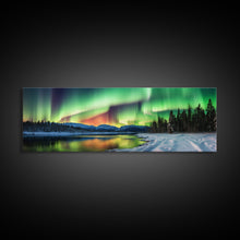 Carregar imagem no visualizador da galeria, Aurora Borealis, Northern Lights Panoramic Framed Canvas Print, Beautiful Winter Wonderland Landscape Painting
