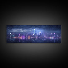Load image into Gallery viewer, Cyberpunk Hong Kong City Skyline, Framed Canvas Print, Cyberpunk Style Wall Art, Synthwave Decor, Videogame Concept Art
