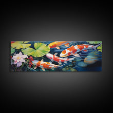Load image into Gallery viewer, The Koi Pond Framed Canvas Print, Koi Fish Decor, Koi Fish Garden Wall Art, Koi Fish and Lilly Pads
