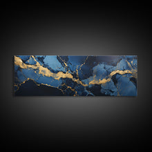 Carregar imagem no visualizador da galeria, Black, Blue and Gold Marble Canvas Wall Art, Abstract Canvas Art, Panoramic Art, Large Wall Art, Marble Wall Decor, Large Canvas Modern Art
