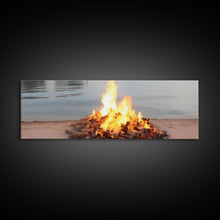 Carregar imagem no visualizador da galeria, Campfire On The Beach, Framed Canvas Print, Lakehouse Wall Art, Ocean Decor, Ocean Wall Art, Home &amp; Office Decoration

