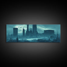 Load image into Gallery viewer, Dystopian Cyberpunk Metropolis, Steampunk Mashup, Extra Large Wall Art, Framed Panoramic Canvas Print, Framed Wall Art
