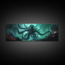 Load image into Gallery viewer, Rise Of Cthulhu Framed Canvas Print, Panoramic Call of Cthulhu H.P. Lovecraft Cosmic Horror Steampunk Gothic Darrk Art Wall Decor
