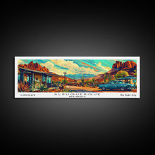 Carregar imagem no visualizador da galeria, Albuquerque New Mexico Panoramic Painting Framed Canvas Print, Mid Century Modern Art, Pop Art Style, Travel Poster, Wall Art Decor
