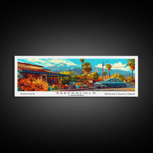 Carregar imagem no visualizador da galeria, Bakersfield California Panoramic Painting Framed Canvas Print, Mid Century Modern Art, Pop Art Style, Travel Poster, Living Room Decor
