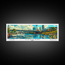 Cargar imagen en el visor de la galería, Cleveland Ohio Panoramic Wall Art Framed Canvas Print, Mid Century Modern Art, Pop Art Style, Travel Poster, Home Decor, Retro Style

