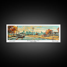 Carregar imagem no visualizador da galeria, Buffalo New York Panoramic Painting, Mid Century Modern Framed Canvas Print, Retro Pop Art Travel Poster, Wall Decor, Home Decor, Wall Hanging
