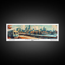 Load image into Gallery viewer, Columbus Ohio Panoramic Painting, Mid Century Modern Framed Canvas Print, Retro Pop Art Travel Poster, Wall Art, Home Decor, Office Art, Gift Idea
