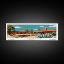 Carregar imagem no visualizador da galeria, Albuquerque New Mexico Panoramic Painting, Mid Century Modern Framed Canvas Print, Retro Pop Art Travel Poster, Home Decor, City Print
