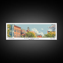 Carregar imagem no visualizador da galeria, Ann Arbor Michigan Panoramic Painting, Mid Century Modern Framed Canvas Print, Retro Pop Art Travel Poster, Living Room Wall Art Decor, City Print
