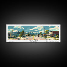 Carregar imagem no visualizador da galeria, Arvada Colorado Panoramic Painting, Mid Century Modern Framed Canvas Print, Retro Pop Art Travel Poster, Living Room Wall Art, City Print
