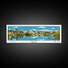 Load image into Gallery viewer, Bend Oregon Panoramic Painting, Mid Century Modern Framed Canvas Print, Retro Pop Art Travel Poster, City Wall Art Decor, Office Art
