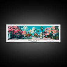 Carregar imagem no visualizador da galeria, Burbank California Panoramic Painting, Mid Century Modern Framed Canvas Print, Retro Pop Art Travel Poster, Living Room Wall Art, City Art
