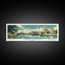 Cargar imagen en el visor de la galería, Cedar Rapids Iowa Panoramic Painting, Mid Century Modern Framed Canvas Print, Retro Pop Art Travel Poster, Living Room Wall Art Decor, City Print
