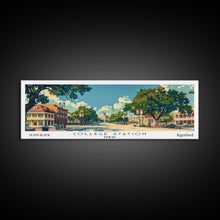 Load image into Gallery viewer, College Station Texas Panoramic Painting, Mid Century Modern Framed Canvas Print, Retro Pop Art Travel Poster, Living Room Art, Home Decor
