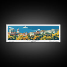 Load image into Gallery viewer, Columbia Missouri Panoramic Wall Art, Mid Century Modern Framed Canvas Print, Retro Pop Art Travel Poster, City Home Decor, Office Wall Art
