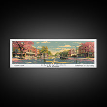 Load image into Gallery viewer, Lakewood New Jersey Panoramic Wall Art, Mid Century Modern Framed Canvas Print, Retro Pop Art Travel Poster, Living Room Art
