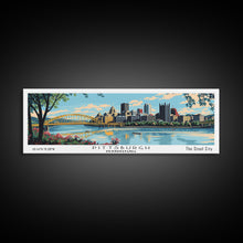 Cargar imagen en el visor de la galería, Pittsburgh Pennsylvania Panoramic Wall Art, Mid Century Modern Framed Canvas Print, Retro Pop Art Travel Poster, City Art, Office Wall Decor, Living Room Art
