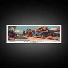 Carregar imagem no visualizador da galeria, Albuquerque New Mexico Panoramic Painting, Framed Canvas Print, Mid Century Modern Wall Art, Retro Pop Art Travel Poster, Office Decor, City Art
