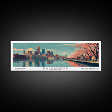Load image into Gallery viewer, Baltimore Maryland Panoramic Painting, Framed Canvas Print, Mid Century Modern Wall Art, Retro Pop Art Travel Poster, Home Decor, City Art
