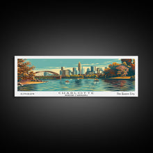 Cargar imagen en el visor de la galería, Charlotte North Carolina Panoramic Painting, Framed Canvas Print, Mid Century Modern Wall Art, Retro Pop Art Travel Poster, Living Room Decor, City Art
