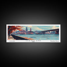 Cargar imagen en el visor de la galería, Cleveland Ohio Panoramic Painting, Framed Canvas Print, Mid Century Modern Wall Art, Retro Pop Art Travel Poster, Living Room Decor, City Art
