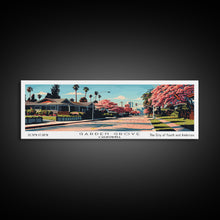 Cargar imagen en el visor de la galería, Garden Grove California Panoramic Painting, Framed Canvas Print, Mid Century Modern Wall Art, Retro Pop Art Travel Poster, Living Room Decor, City Art
