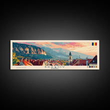 Load image into Gallery viewer, Brasov Romania Panoramic Travel Poster, Framed Canvas Print or Metal Wall Art, Travel Art, Home Decor, Panoramic Painting, Midcentury Art

